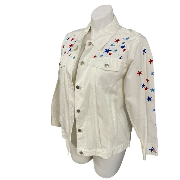 Quacker Factory Jacket Womens Sz Large Patriotic Angel Folk Art Americana Cotton - Picture 3 of 13